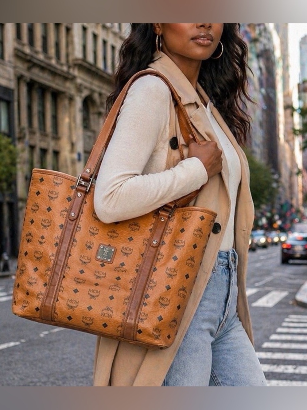 MCM Cognac Visetos Logo Tote with Leather Trim and Silver Hardware